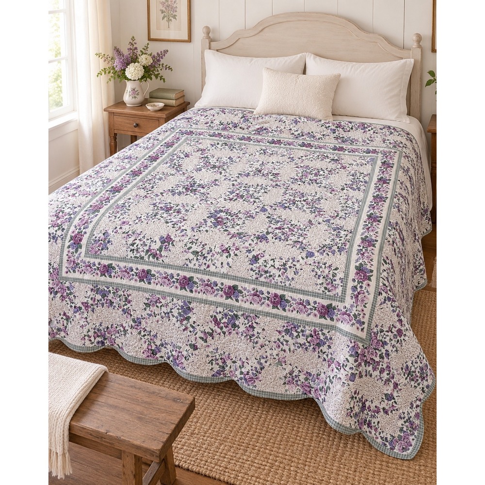 Vintage Lavender Purple Floral Patchwork Quilt Full Queen 82x82 Scalloped
